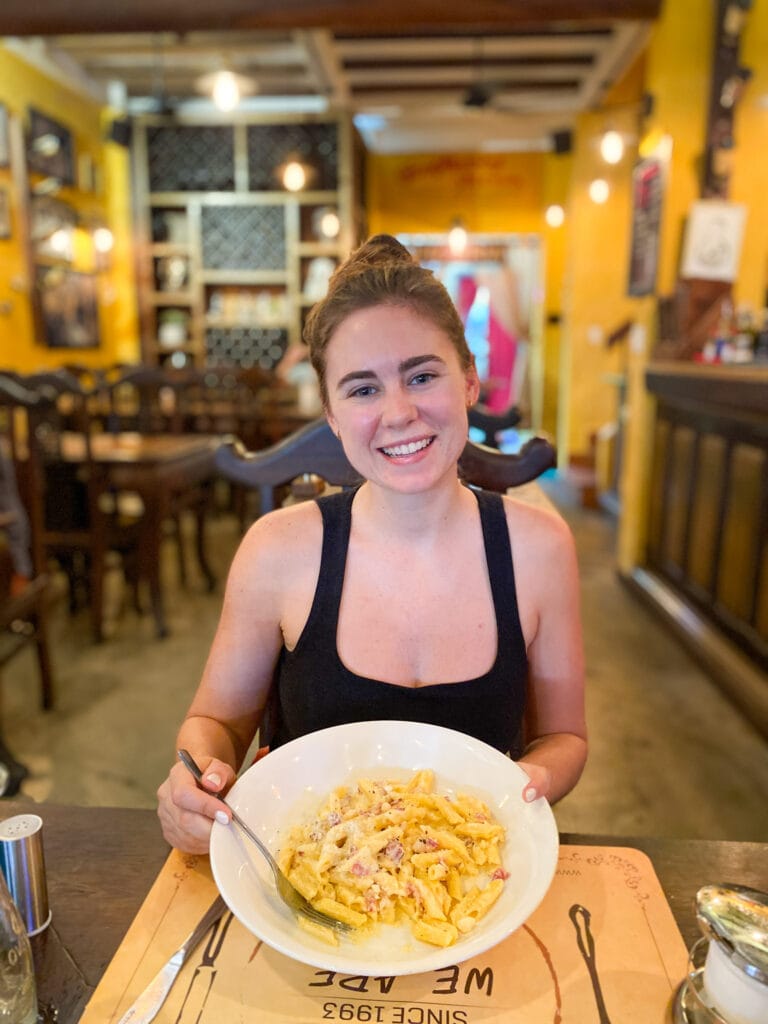 Sarah with gluten free pasta at Goodmorning Vietnam in Hoi An