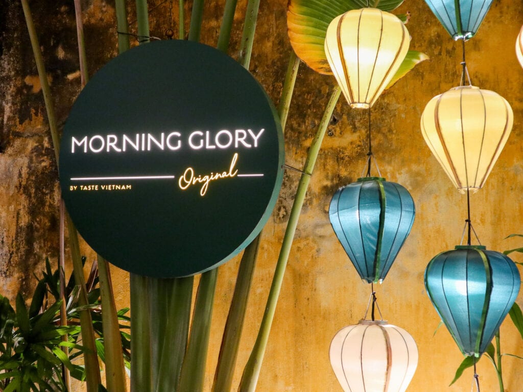 Morning Glory Original restaurant sign with lanterns in Hoi An