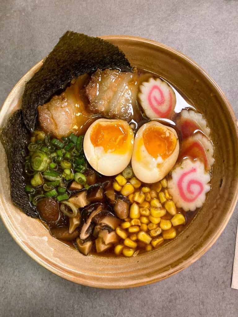 overhead shot of bowl of gluten free ramen from okashi in valencia