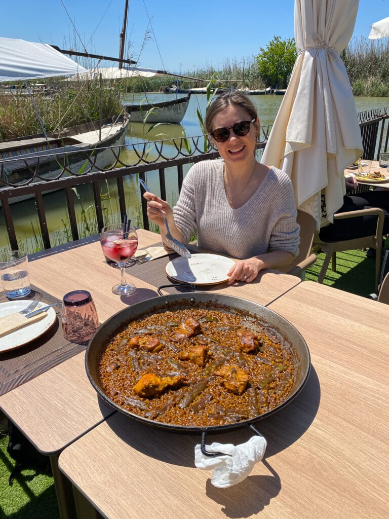 sarah with paella by the bay in el palmar