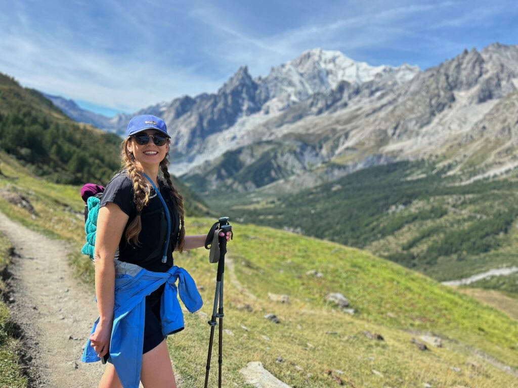 Sarah hiking the tour du mont blanc.