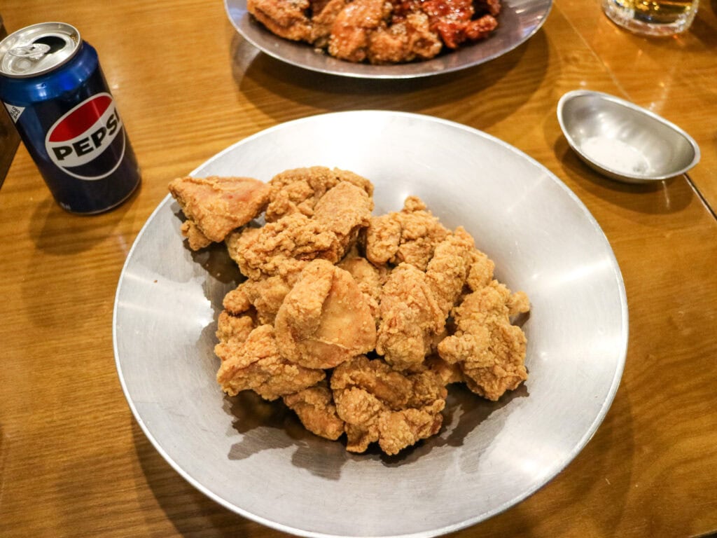 metal bowl of gluten free fried chicken