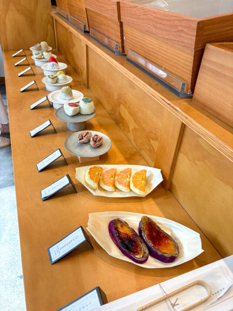 Wooden table with mochi display