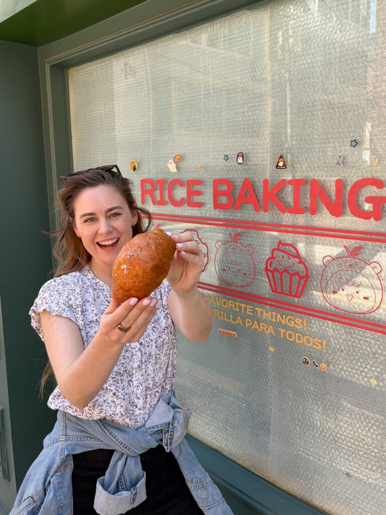 Sarah holding gluten free salt bread