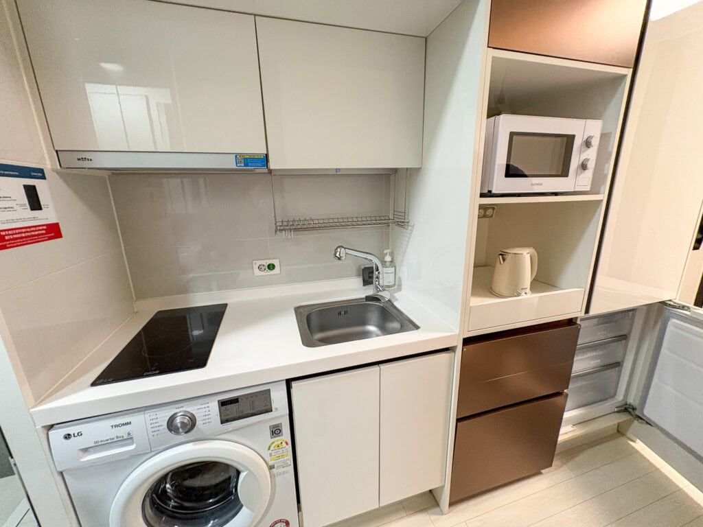 Modern kitchenette with washing machine, microwave, and sink in a compact space.