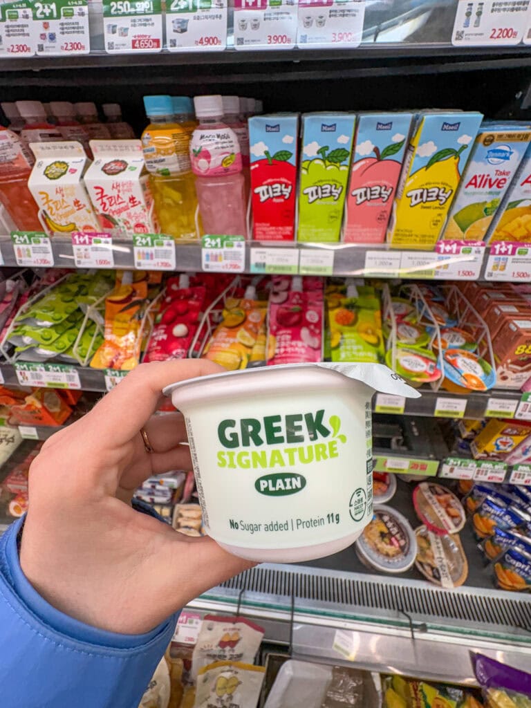 Greek Signature Plain yogurt on a store shelf in South Korea.