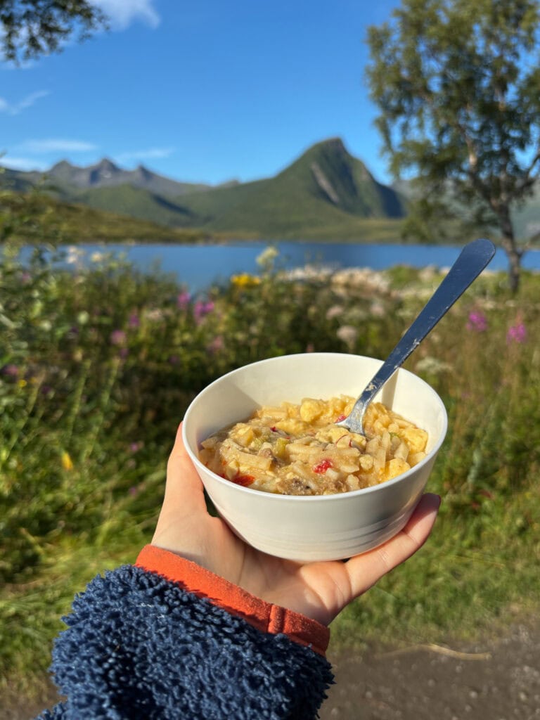 Hand holding a bowl of gluten-free oatmeal with mountain scenery in background.