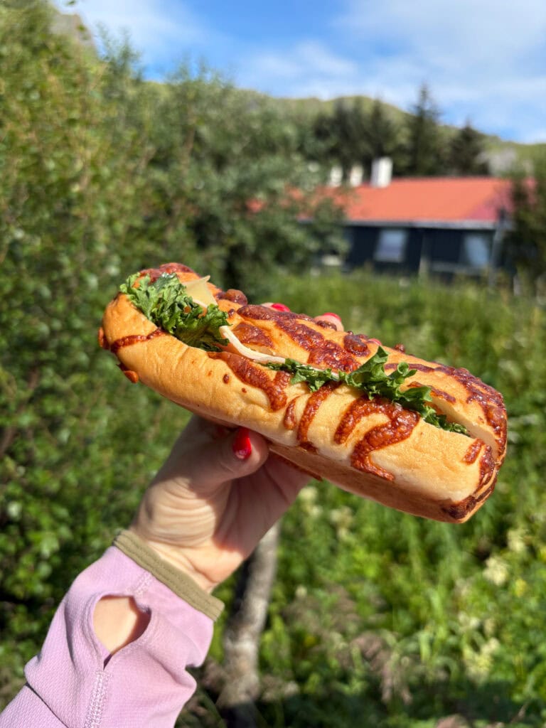 Hot dog with relish, mustard, and lettuce outdoors on a sunny day.