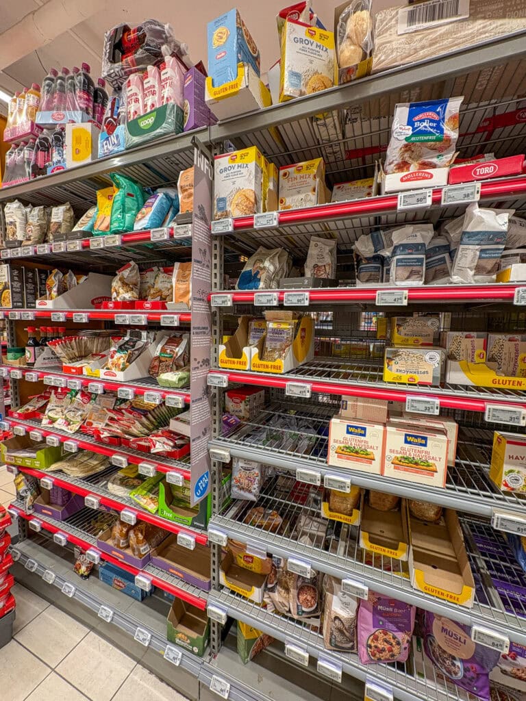 Gluten-free baking ingredients on store shelves in Oslo, Norway.