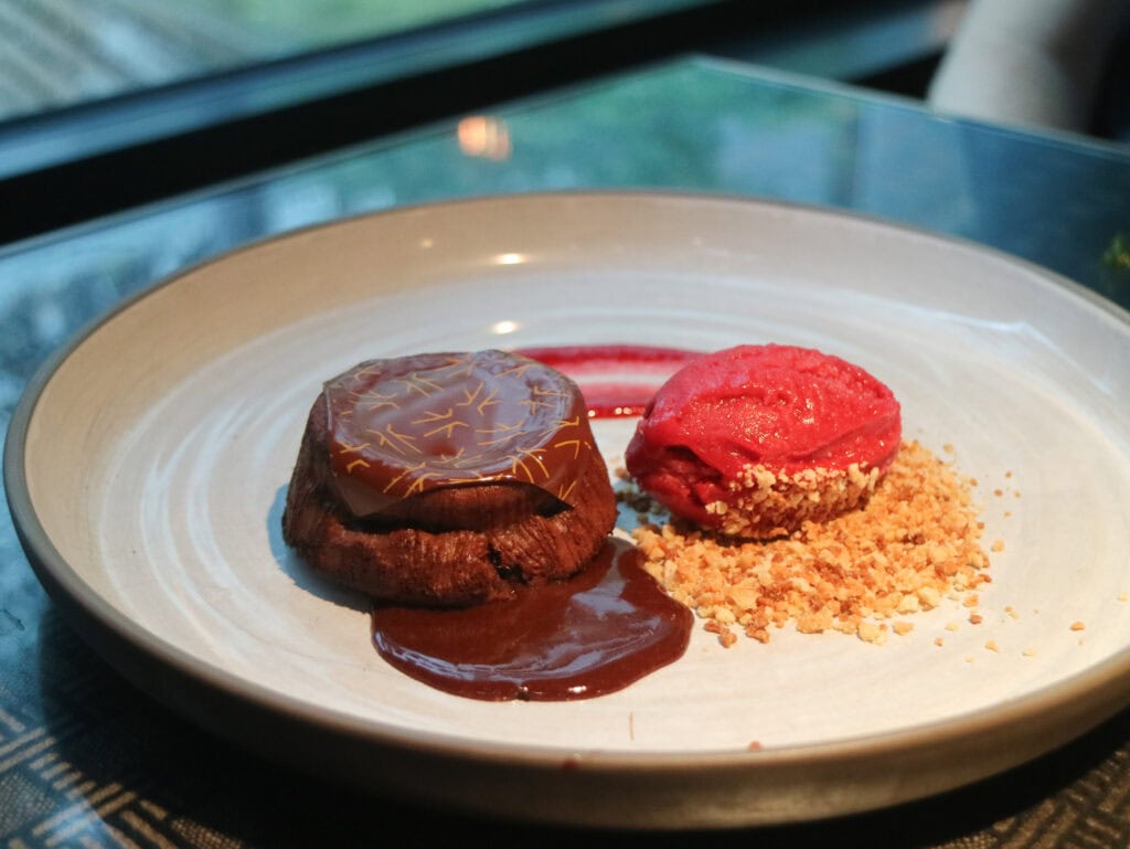 Decadent chocolate and raspberry desserts on a white plate.