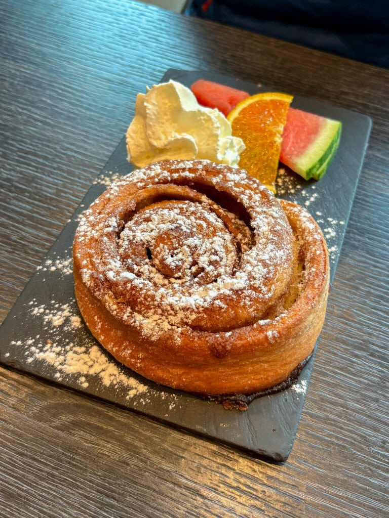 Cinnamon roll with fresh fruit and whipped cream on a black plate.