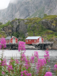 Colorful red houses on stilts by the water with mountains in the background.